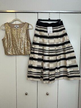 Stunning Badgley Mischka Cropped Gold Sequin Top and Striped Skirt Set